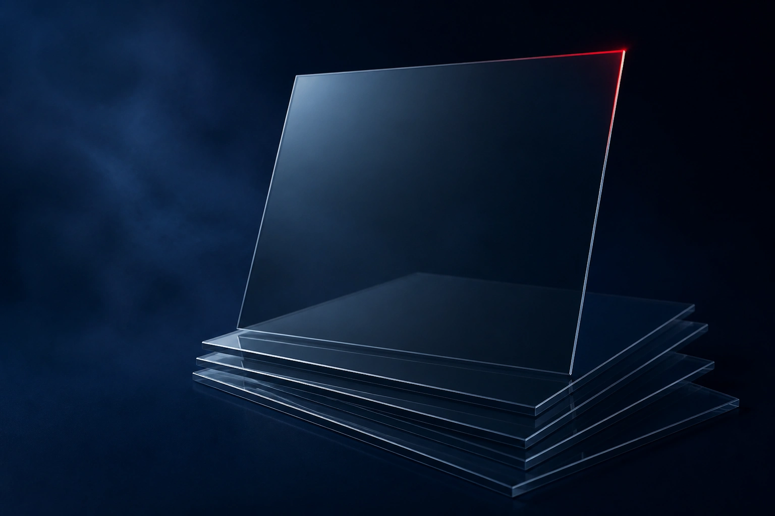 Abstract render of glass document panels fanned out with one edge-lit in red