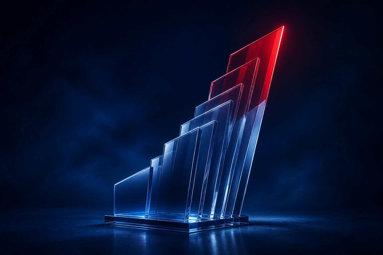 Abstract render of a glass workflow rising above a field of smaller nodes