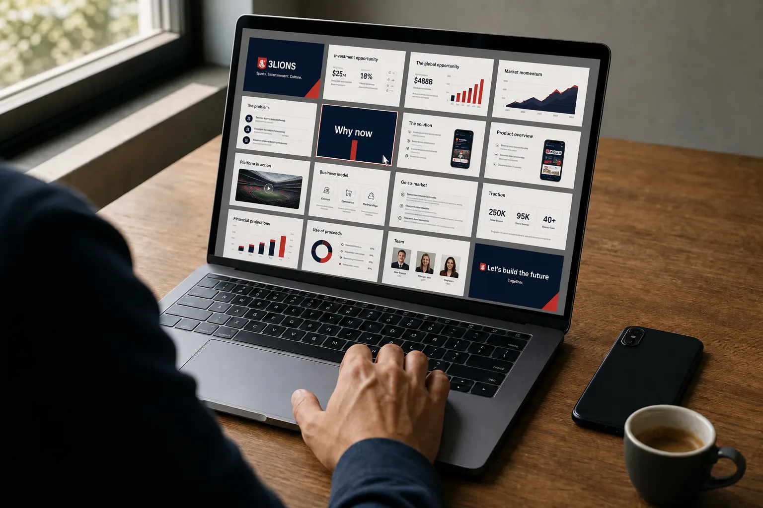 A decision-maker skimming a pitch deck in slide-sorter view — sixteen slides of an illustrative sample investor deck for a fictional 3 Lions sports platform, the pointer hovering one titled Why now
