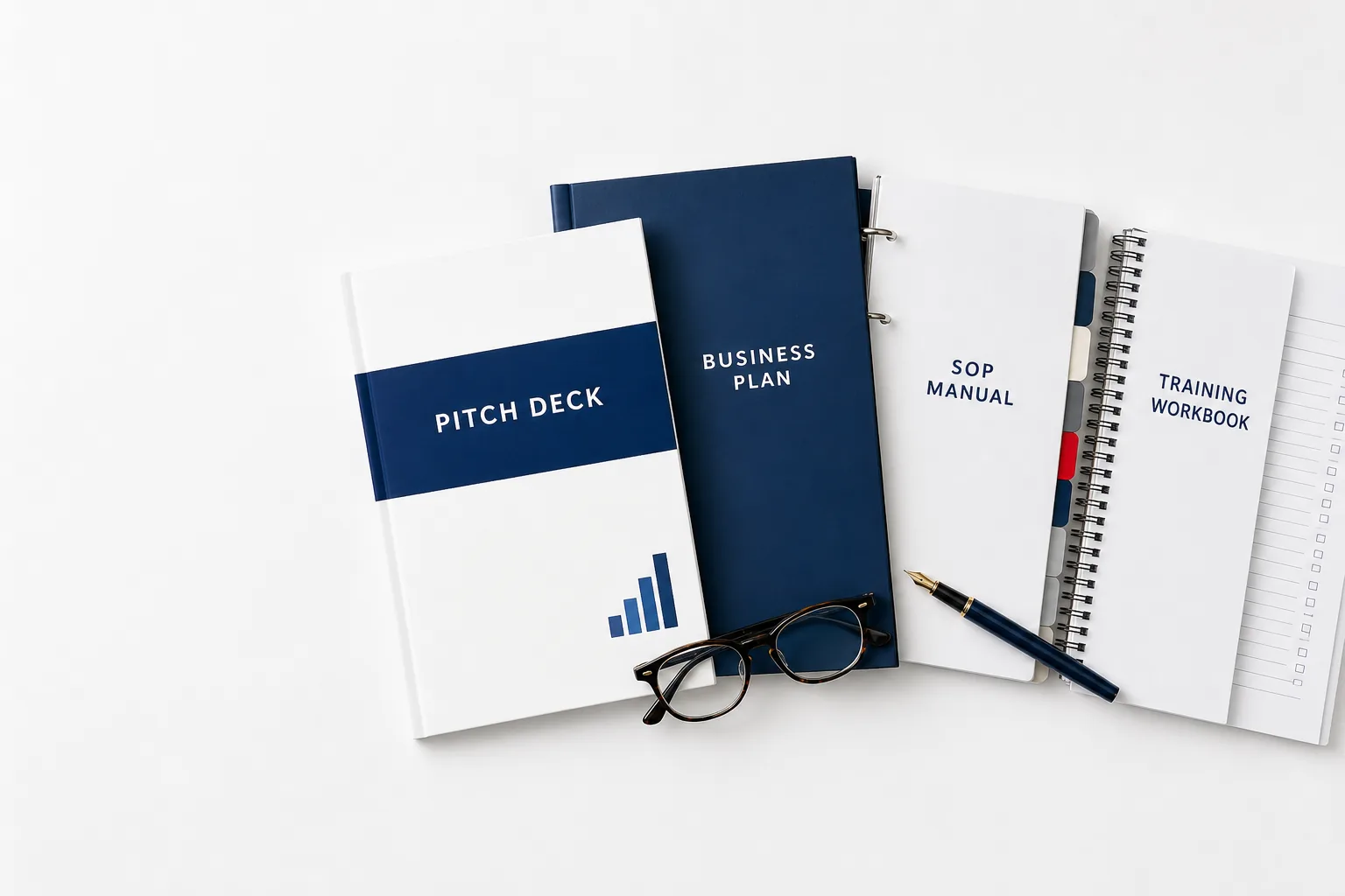 A pitch deck, business plan, SOP manual and training workbook fanned together on a table, with the pitch deck pulled slightly proud of the set.