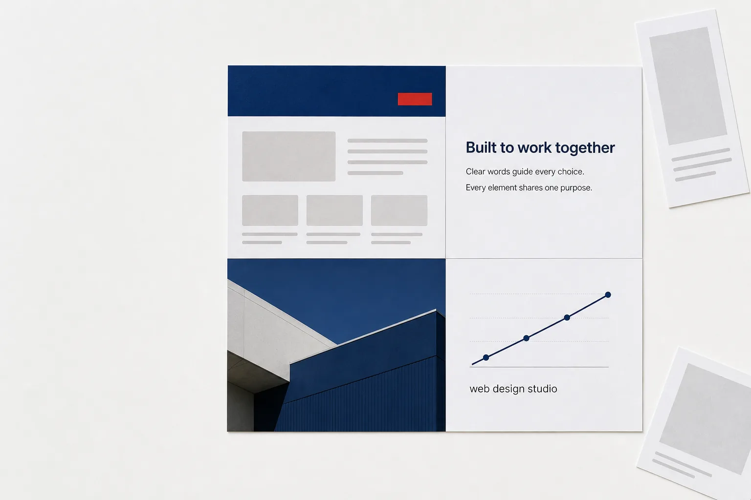 Four printed panels — layout, copy, photography and search — interlocking cleanly into one finished page, with two mismatched panels discarded at the edge.