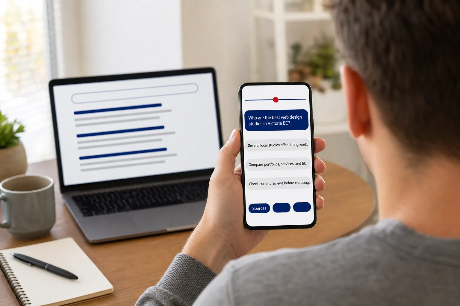 Someone reading an AI assistant answer on a phone, with a conventional search results page sitting ignored on the laptop behind