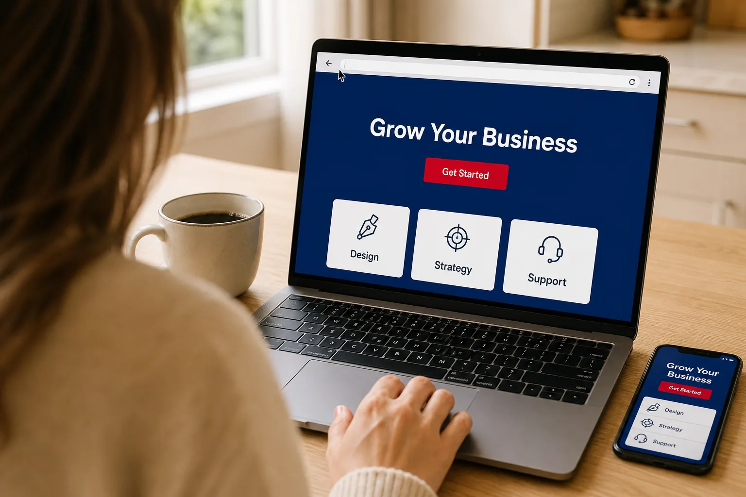 Someone browsing a business website on a laptop, cursor resting on the browser back arrow, with the same site shown on a phone beside it