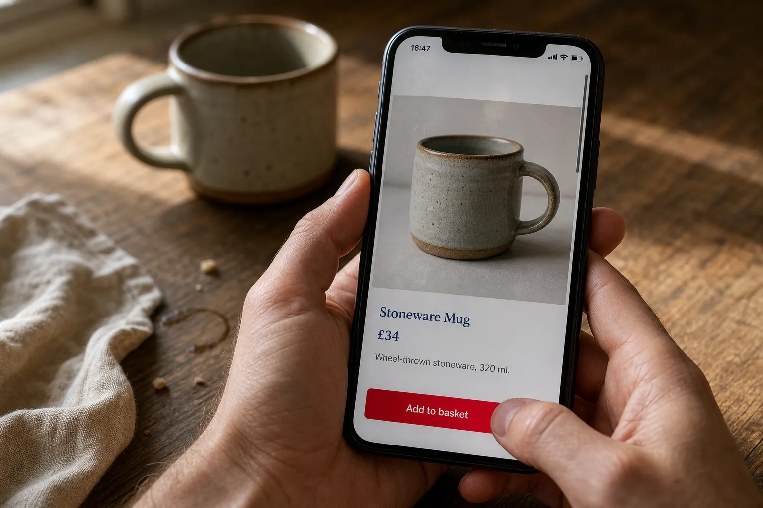 A product photograph of a stoneware mug being held on a phone screen, shown cropped three different ways with the art-direction decision labelled under each