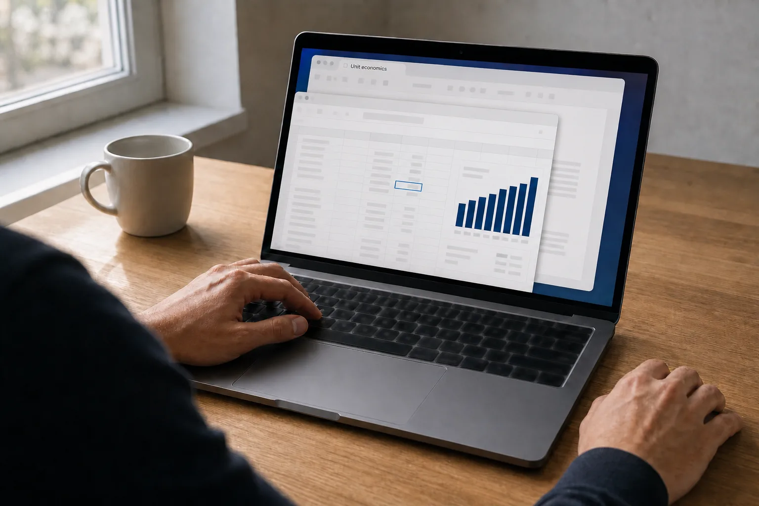 Someone building a financial model in a spreadsheet — an active cell selected, a navy projection chart, and a document tab titled Unit economics waiting behind it