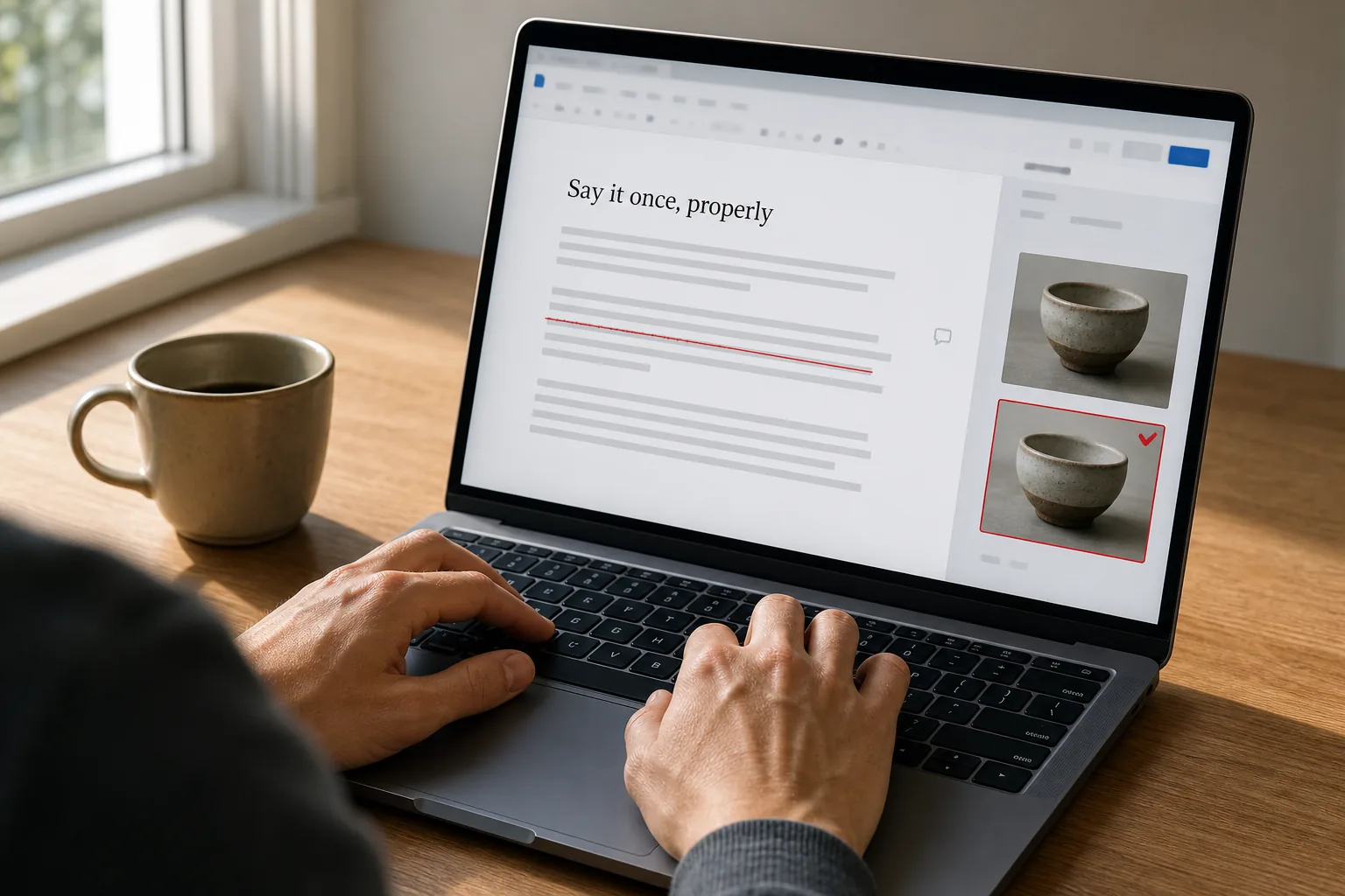 A writer working in a document editor — the heading Say it once, properly, one sentence struck through in red, and an image panel beside it with two bowl photos, the chosen one ticked