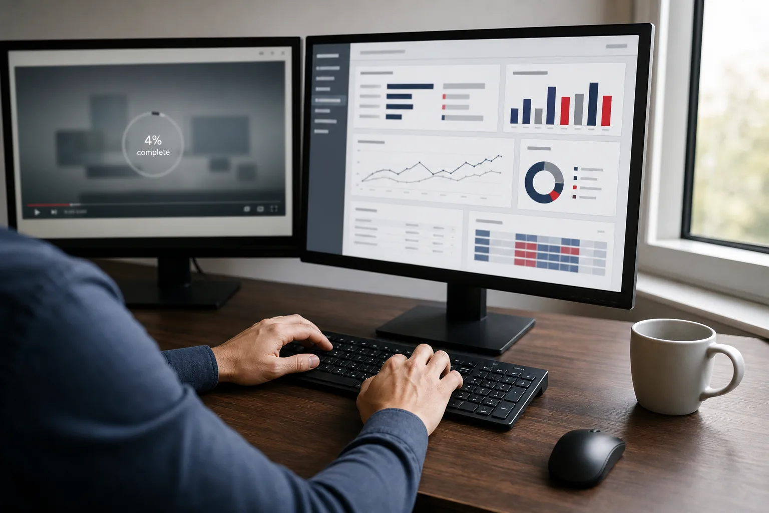 A two-screen desk where a training video sits ignored at 4% complete while the person works in their real dashboard on the other monitor