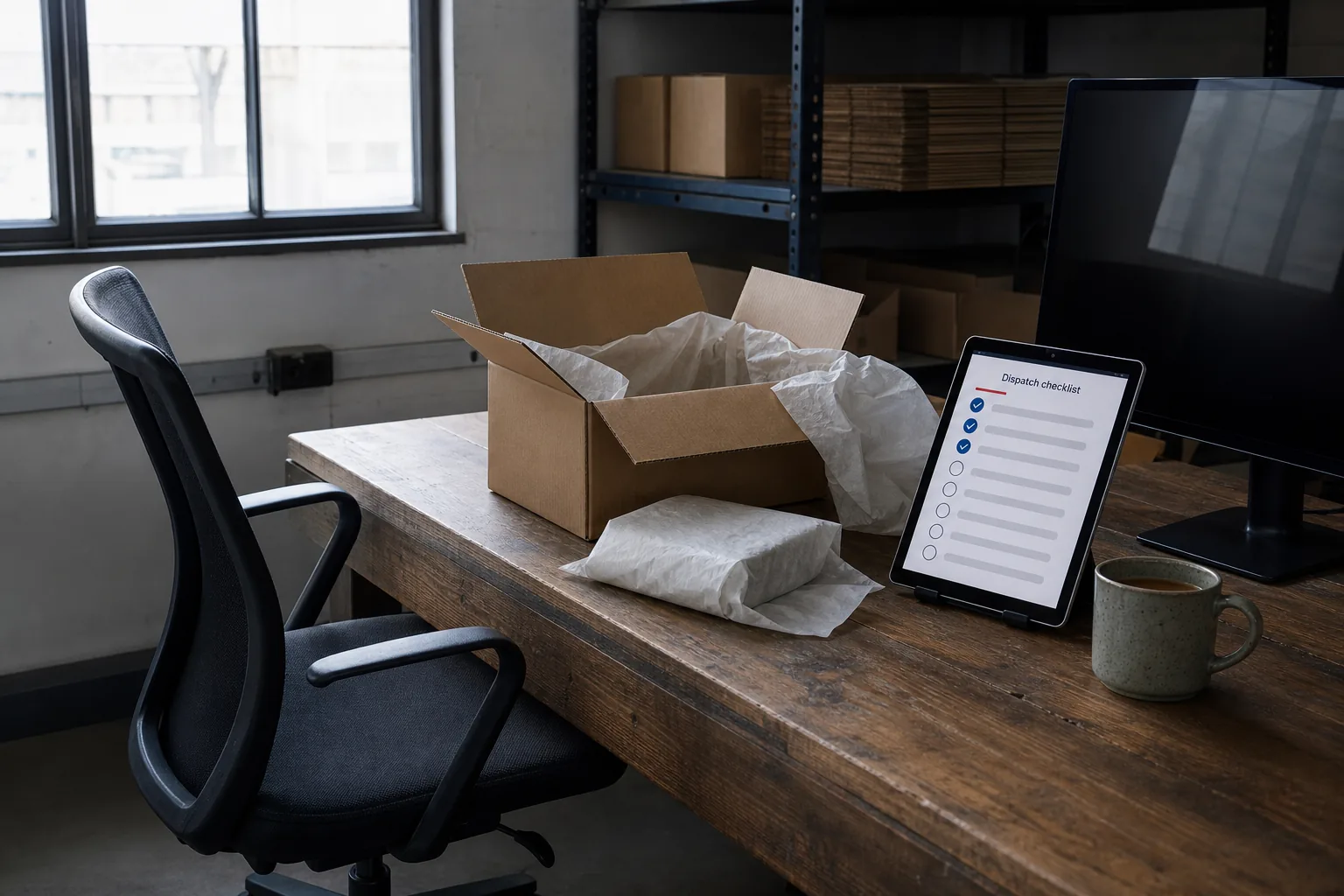 An empty chair at a packing bench — a half-packed box, and a tablet on a stand showing a dispatch checklist with three steps ticked and the rest stopped