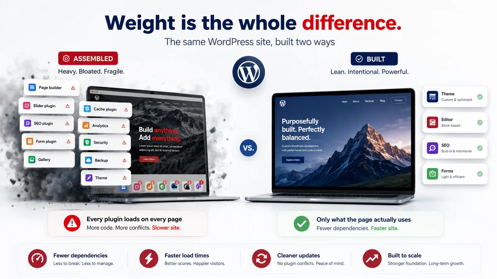 Infographic — the same WordPress site built two ways: an Assembled laptop crowded with plugin cards (page builder, slider, SEO, forms, gallery, cache, analytics, security, backup, theme) versus a Built laptop with four intentional components — Theme, Editor, SEO, Forms