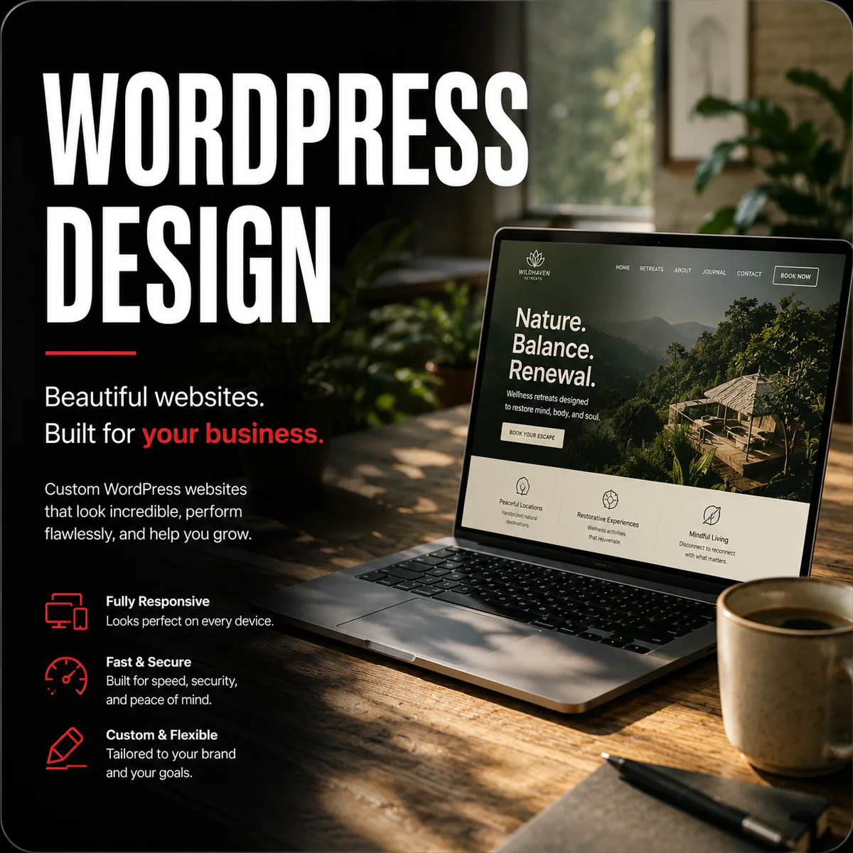 WordPress design overview: a polished, fully responsive WordPress site shown on a laptop