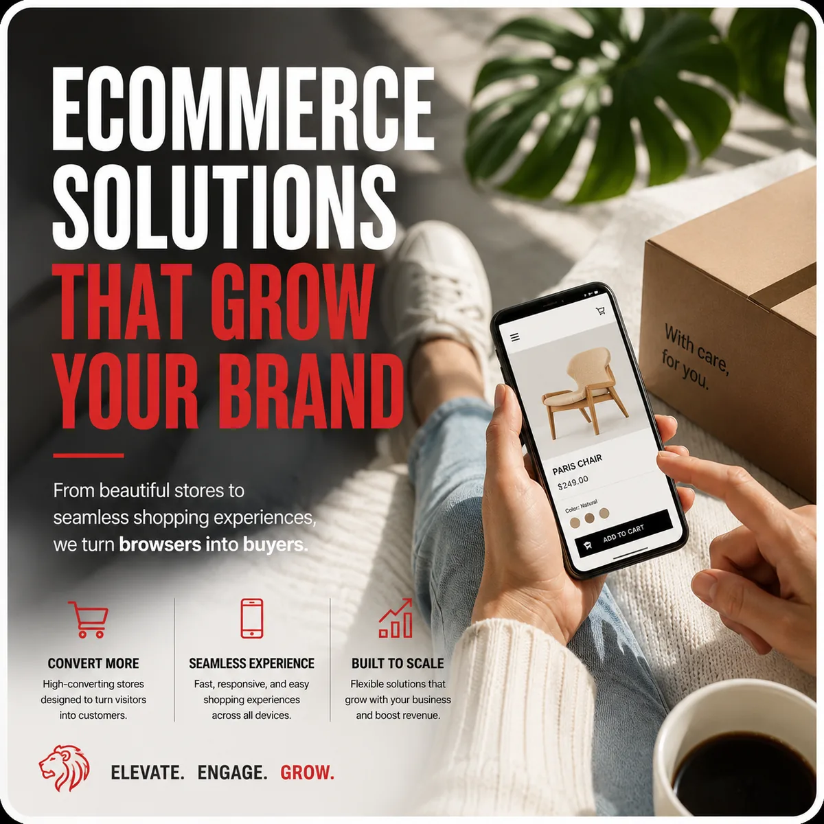 E-commerce overview: a mobile storefront with a product page and checkout, built to convert and scale