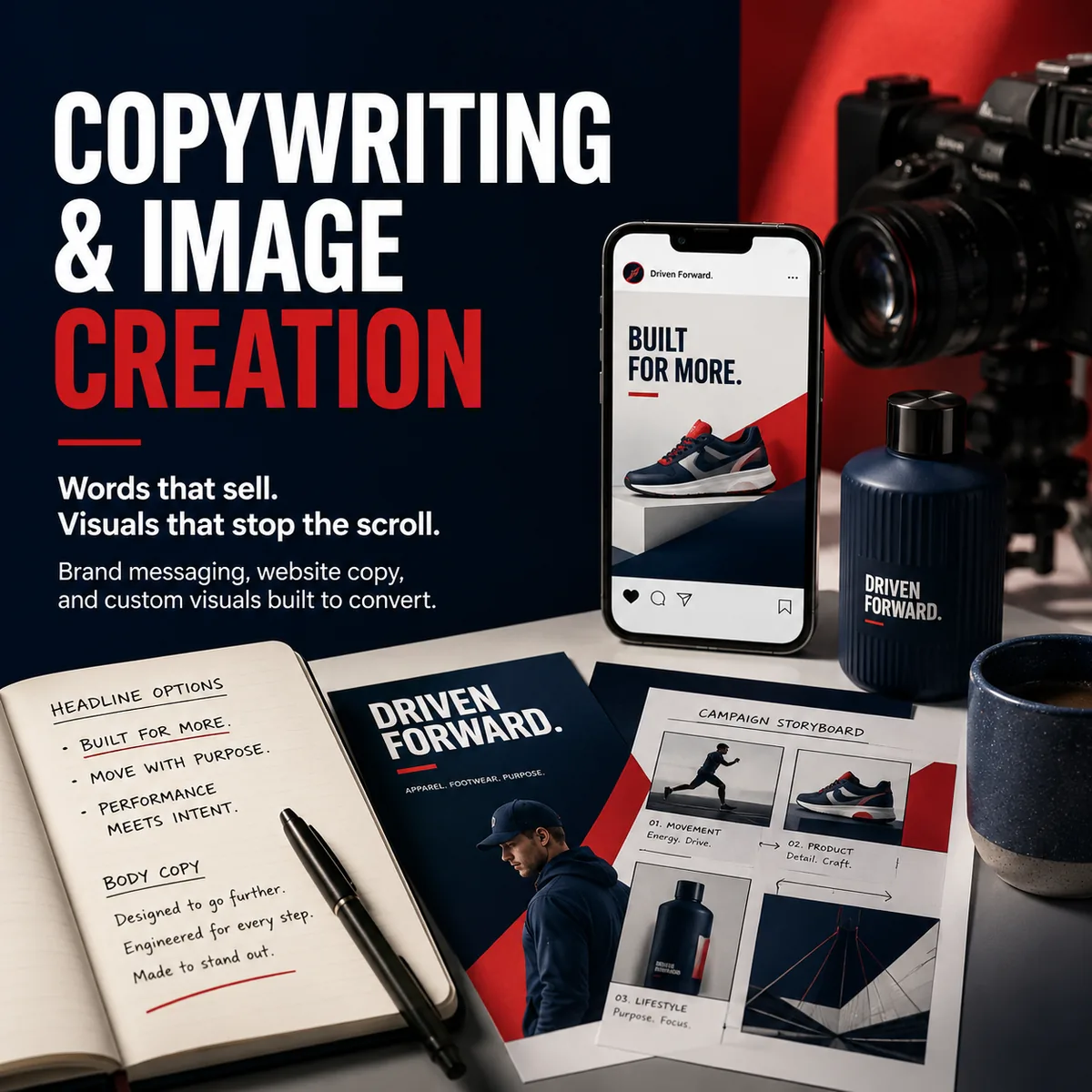 Copywriting and image creation overview: brand campaign visuals, headline options and a campaign storyboard