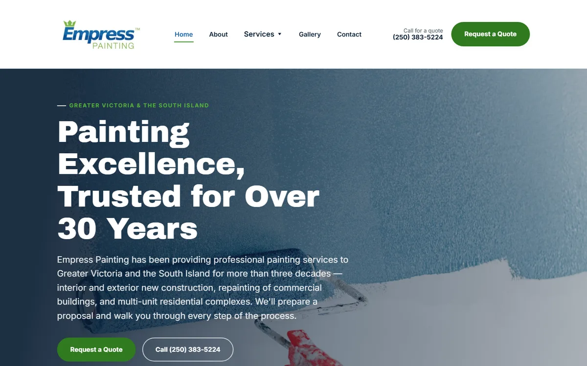 The Empress Painting website after the 3 Lions rebuild — composed hero, clear structure and confident presentation